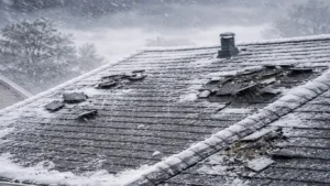 shingles blowing off of a roof in a north Atlantic winter storm