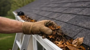 homeowner clearing gutters