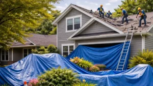 roofers on home with tarp