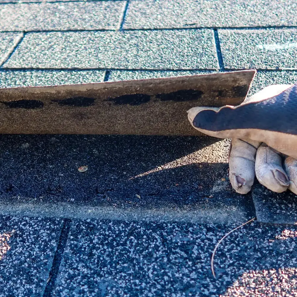 roofer inspecting a nail underneath a shingle during an insurance claim