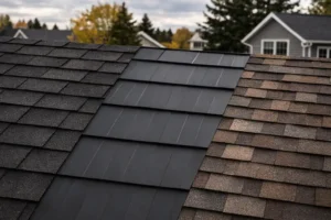 comparison image of asphalt singles, metal roofing, and architectural shingles